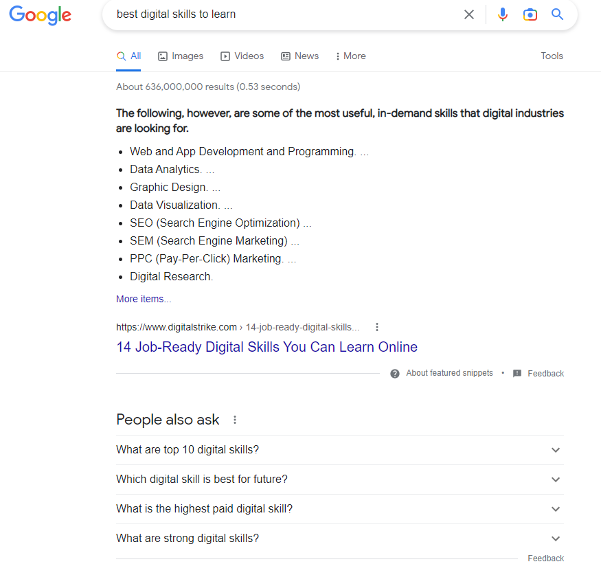 A screen shot from google on the best digital skills Learn